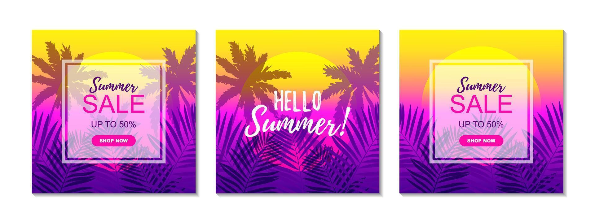 Set of summer square designs. Vector illustration. Colorful tropical poster. Social media post template