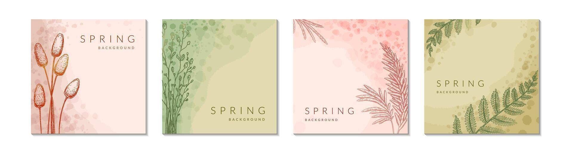 Spring floral watercolor abstract background set. Social media square post template. Spring flower design, greeting card, label, flyer, leaflet, poster. Beauty, spa, jewelry, wedding, fashion, concept vector