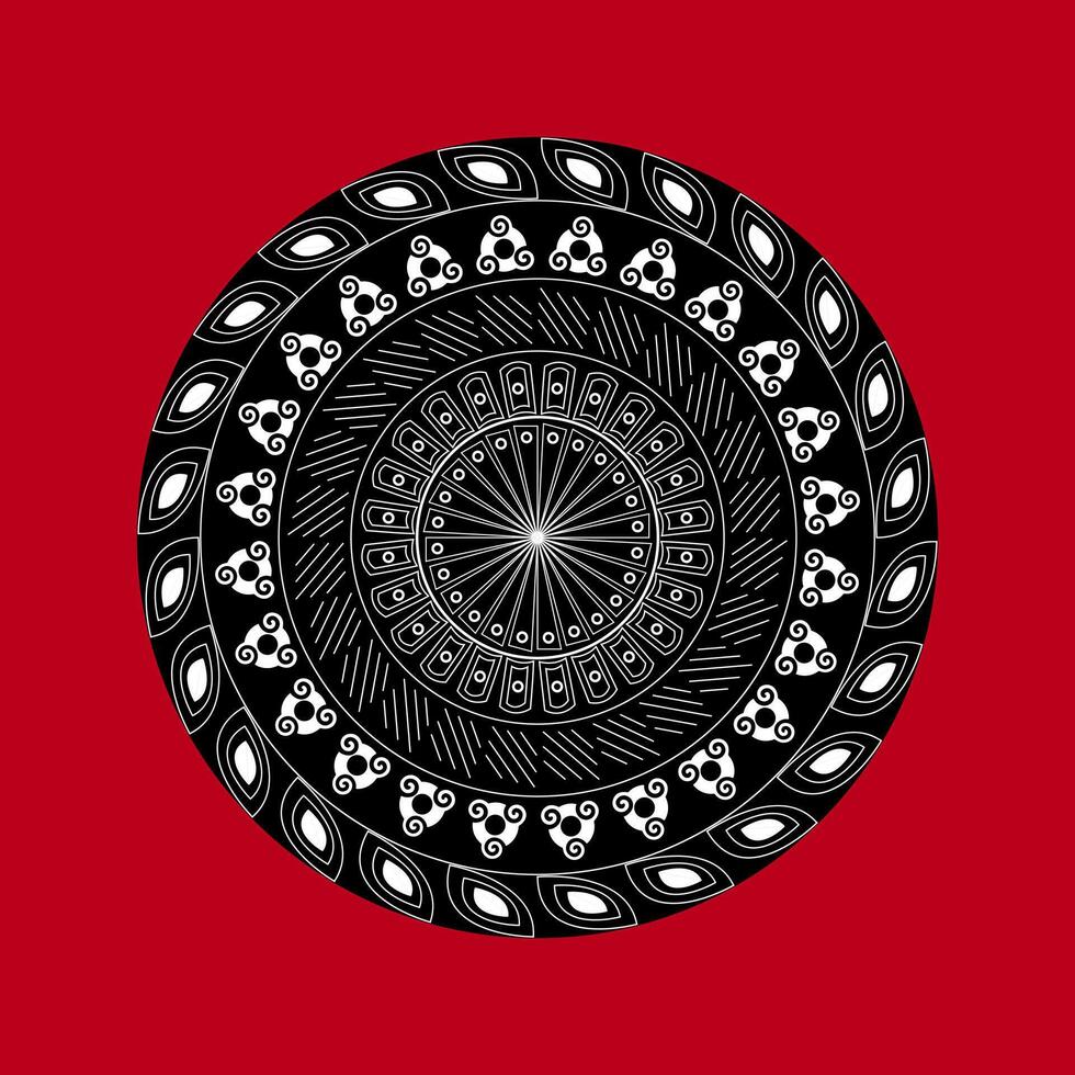 A black and white circular design on a red background. Vector Mandala decorative and ornamental design.