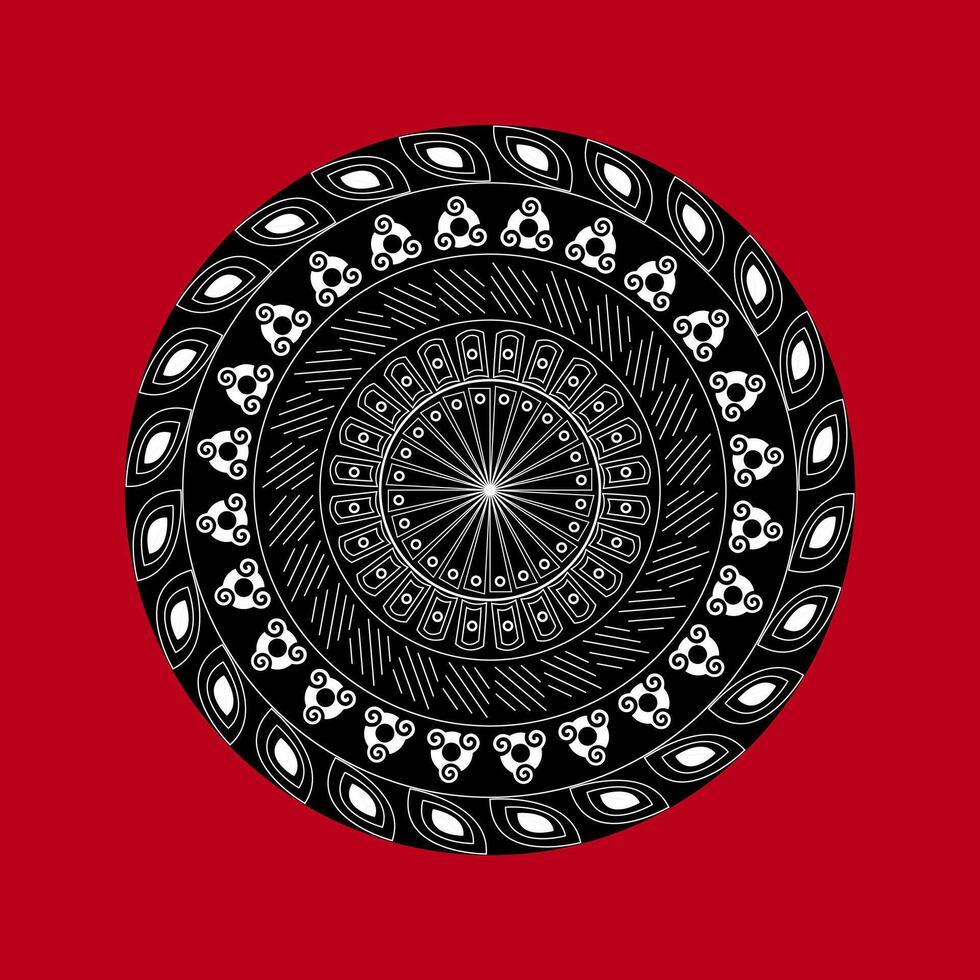 A black and white circular design on a red background. Vector Mandala decorative and ornamental design.