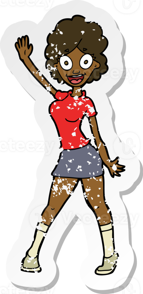 retro distressed sticker of a cartoon woman dancing png