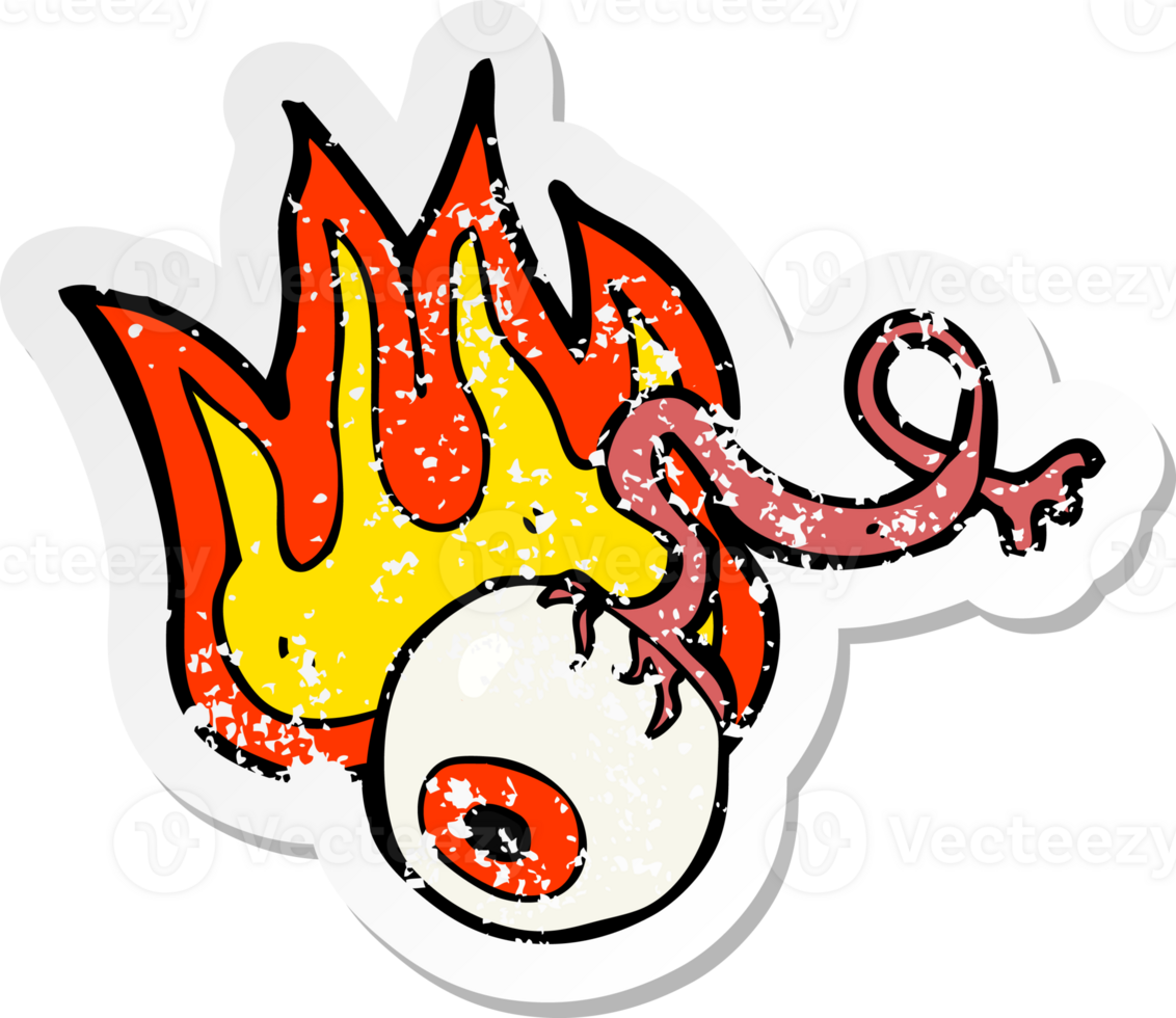 retro distressed sticker of a cartoon gross flaming eyeball png