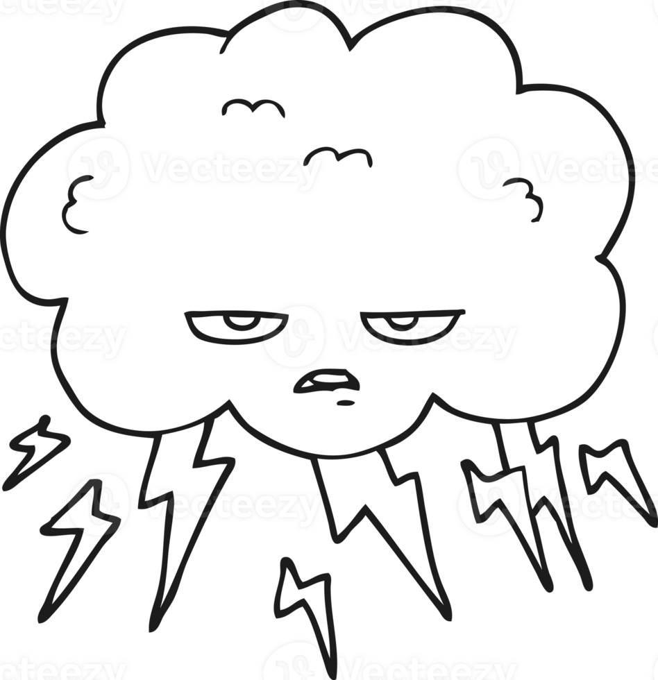 hand drawn black and white cartoon thundercloud png