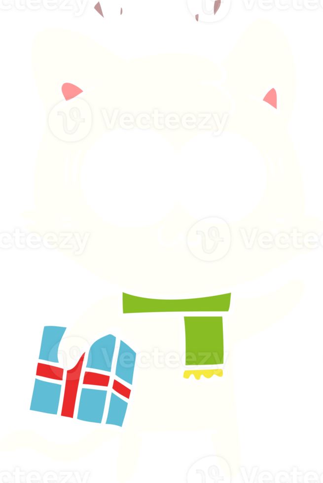 flat color style cartoon surprised cat with christmas present png