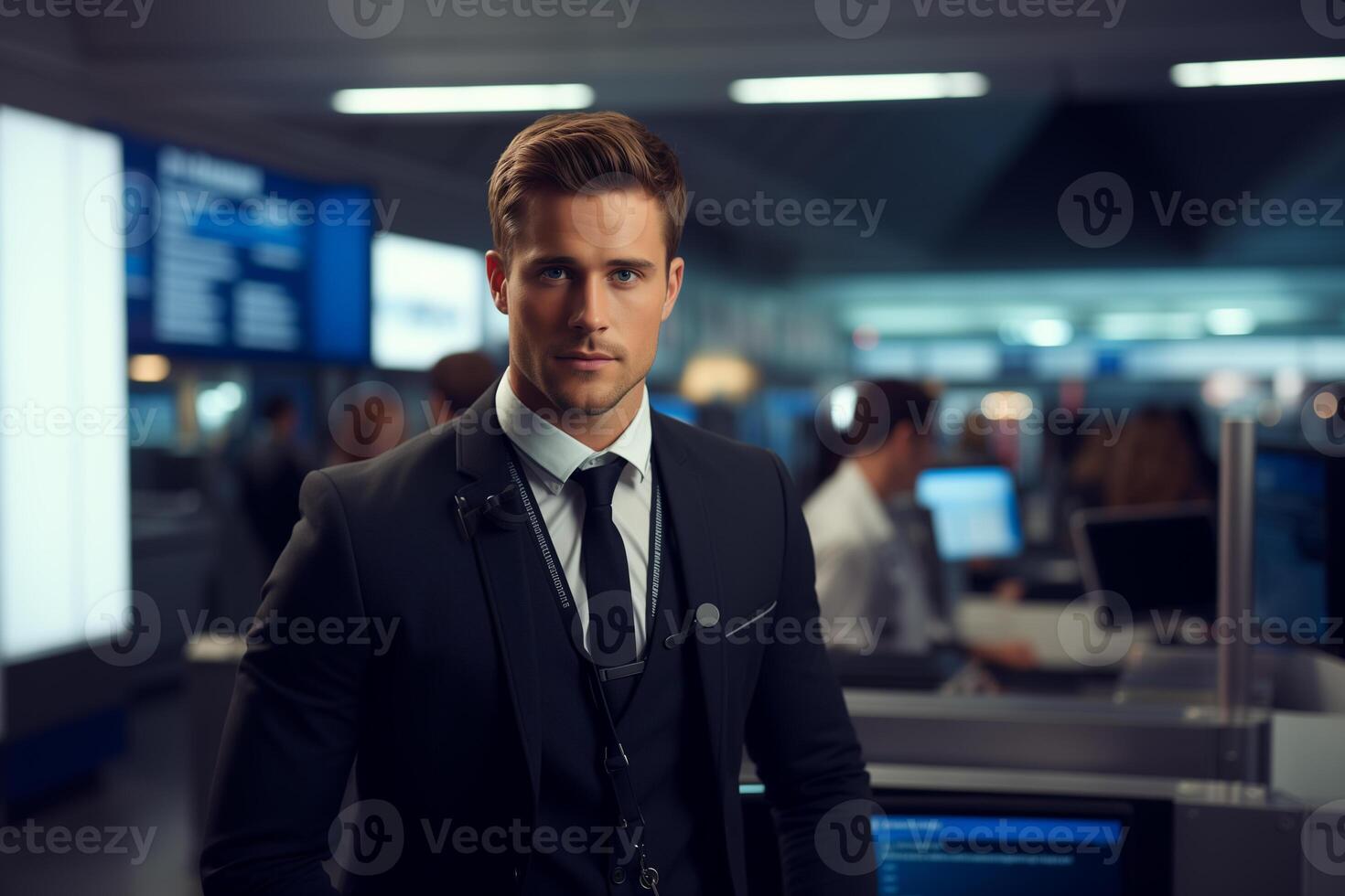 AI generated Portrait of an airport employee at the check-in counter photo