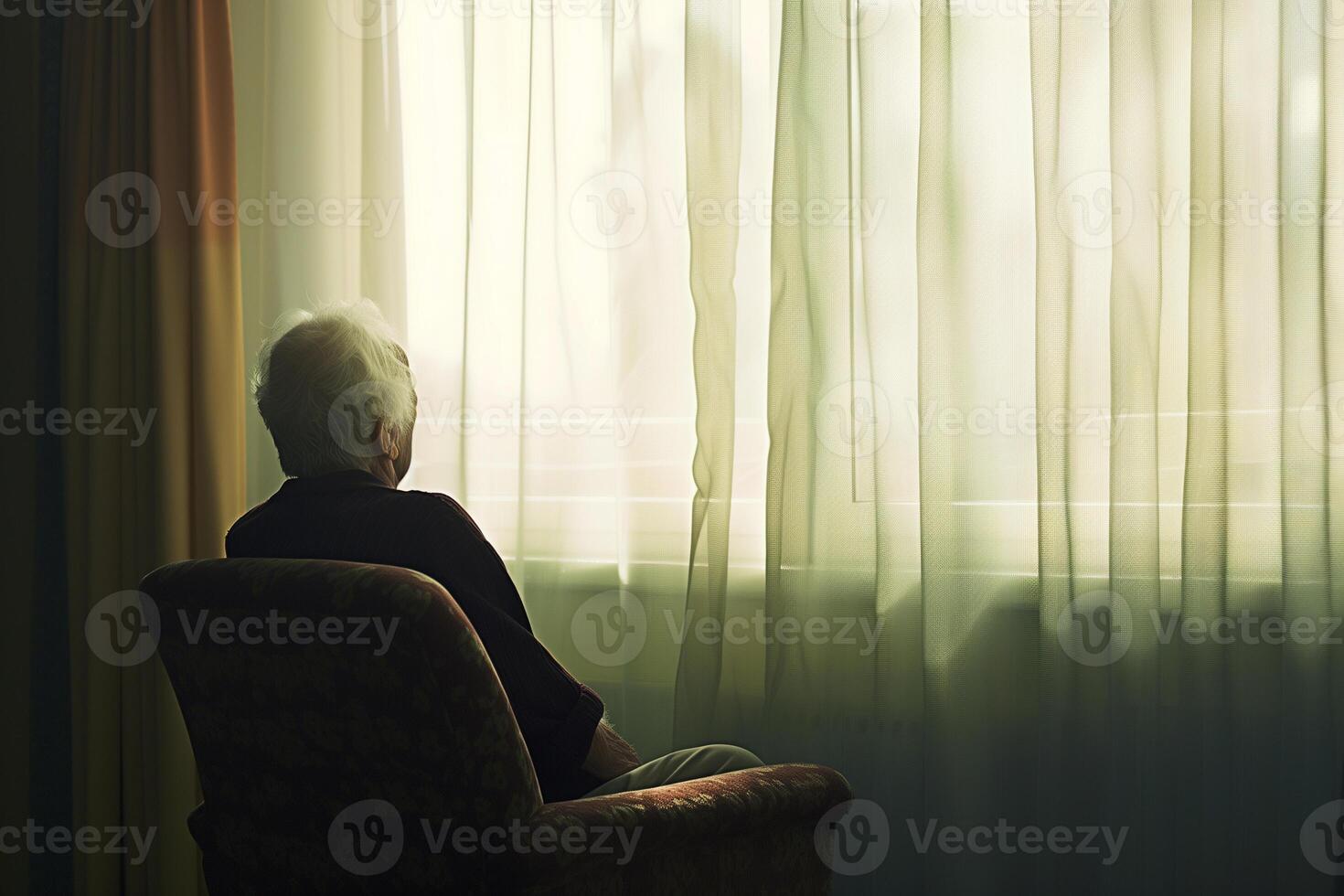 AI generated An elderly woman in a nursing home sits in a chair by the window and waits for guests photo