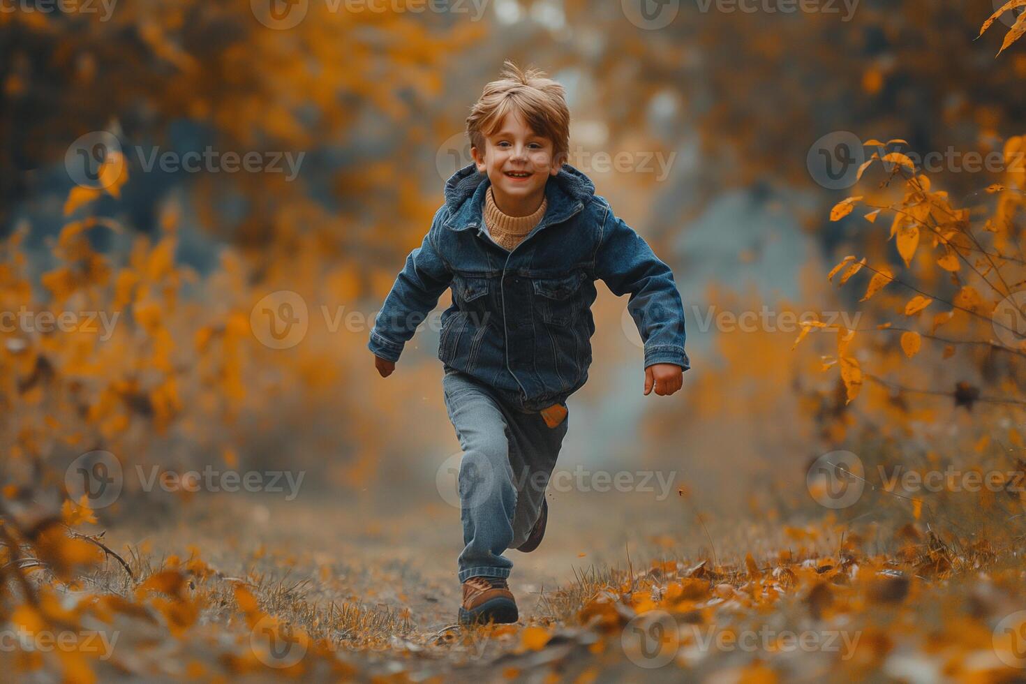 ai generado pequeño chico corriendo en el otoño bosque. contento infancia y alegría concepto foto