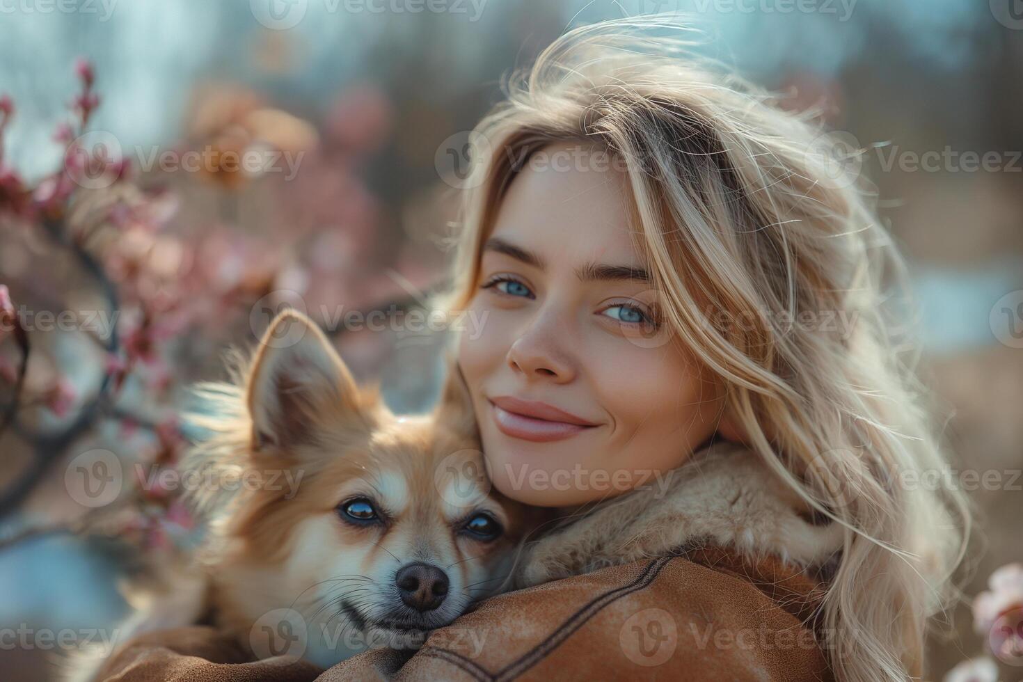 AI generated Portrait of beautiful young woman with dog in warm clothes photo