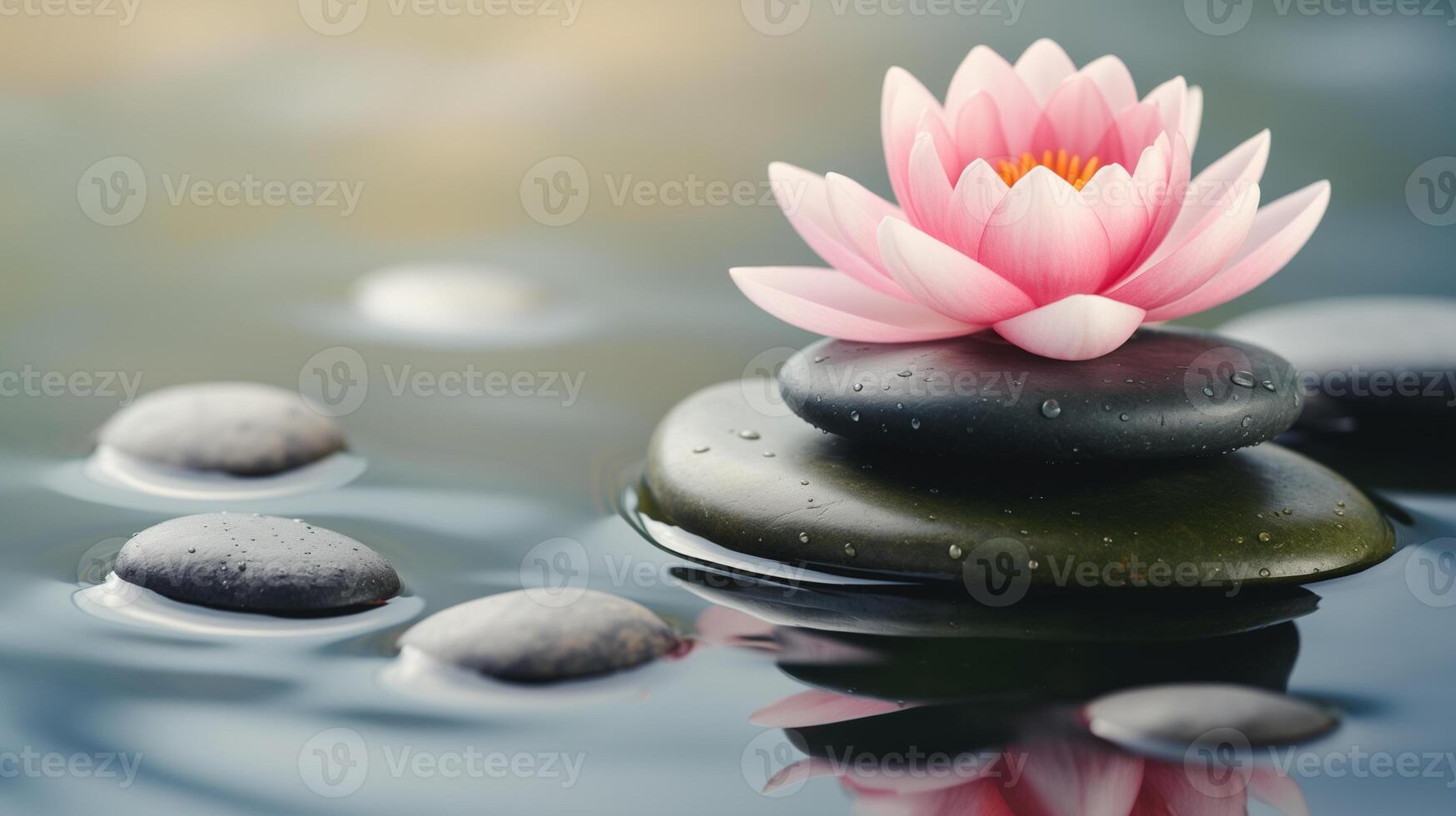 AI generated Pink lotus flower on zen stones with water reflection, spa concept photo