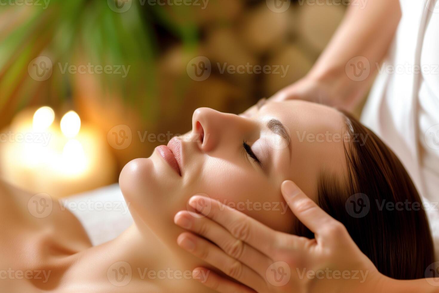 ai generado relajado joven mujer consiguiendo facial masaje en spa salón. belleza tratamiento concepto foto