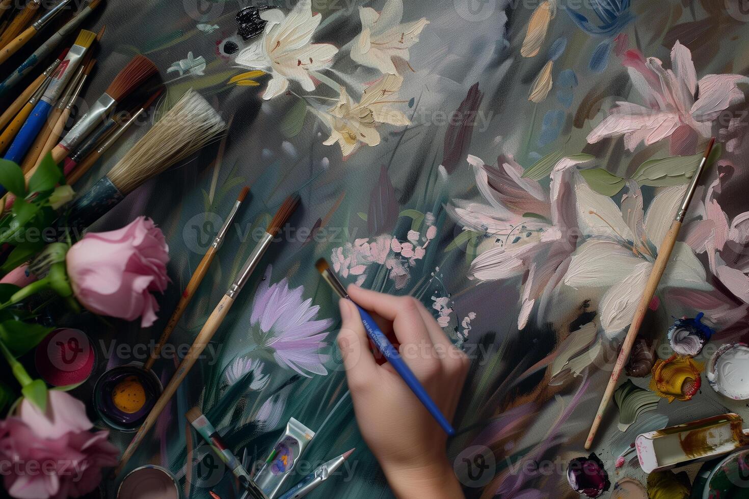 AI generated The artist paints flowers with oil paints on canvas close-up. photo