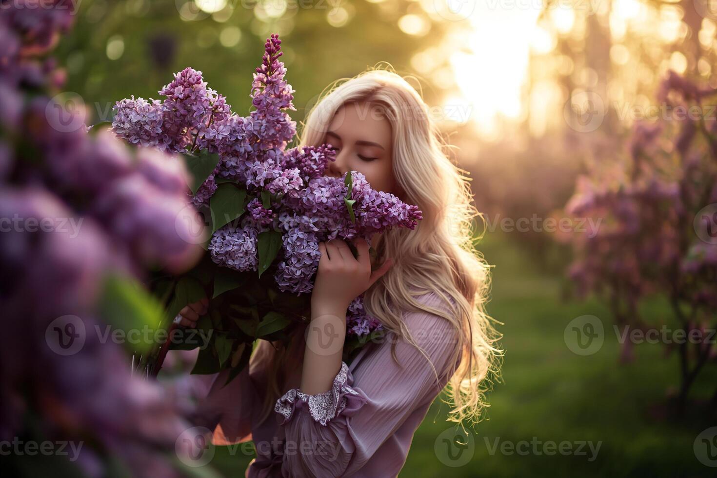 AI generated a young beautiful blonde holds a huge bouquet of lilacs to her face in the park at sunset photo