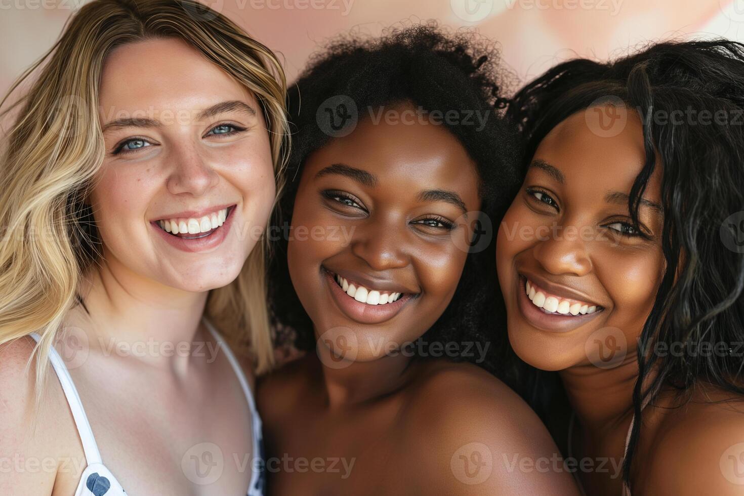 AI generated portrait of three smiling plump women of different nationalities in swimsuits, body positivity concept photo