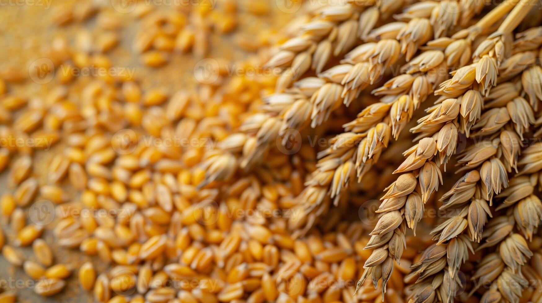 AI generated ears of wheat on a brown background. top view. food background photo