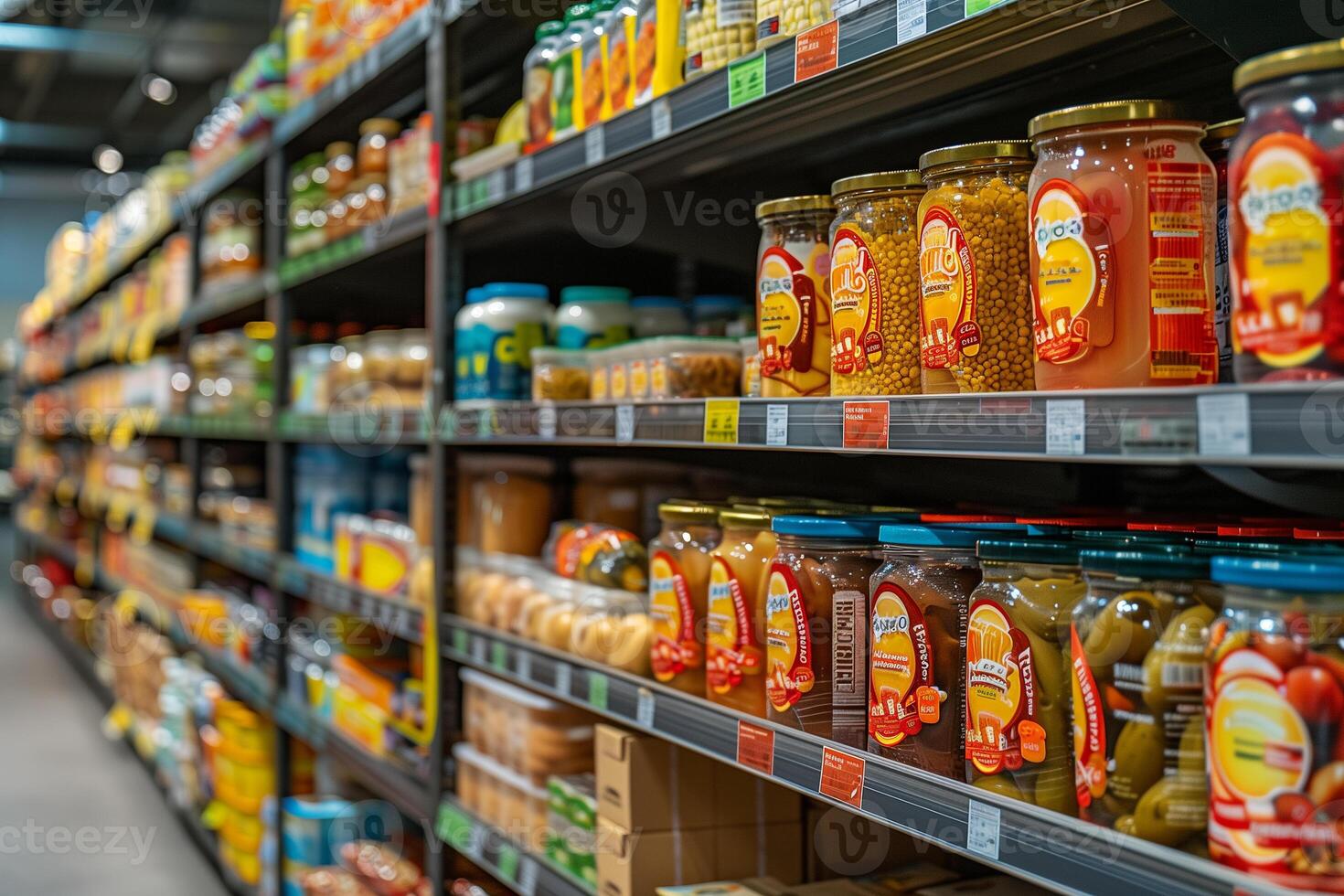 ai generado supermercado estantería con diferente productos, superficial profundidad de campo foto