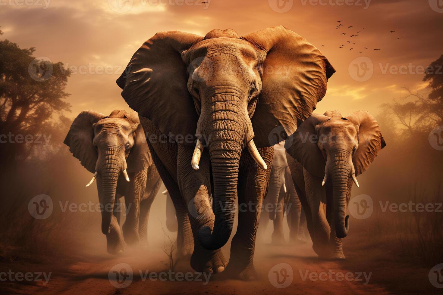 AI generated a group of majestic elephants walks along the African savannah, World Wildlife Day photo