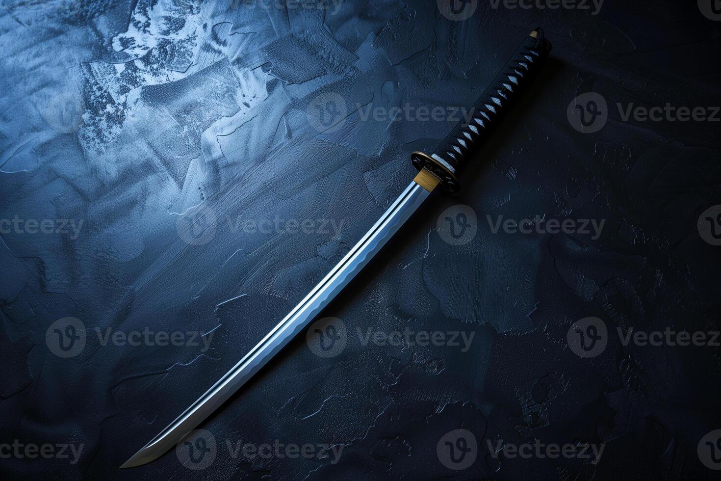 ai generado japonés samurai espada katana en un negro antecedentes. selectivo enfocar. superficial profundidad de campo foto