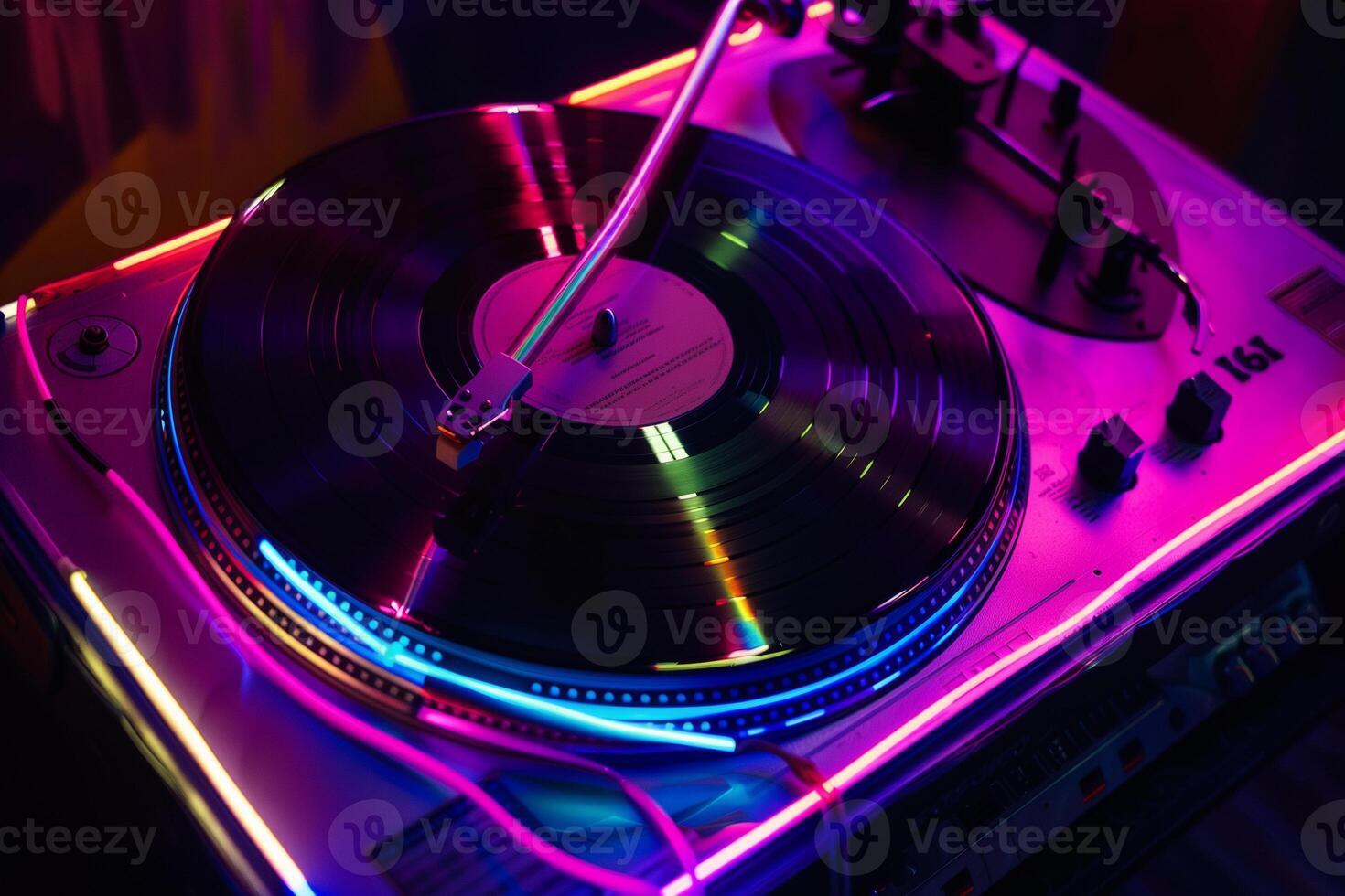 AI generated Turntable playing vinyl with red and blue light photo