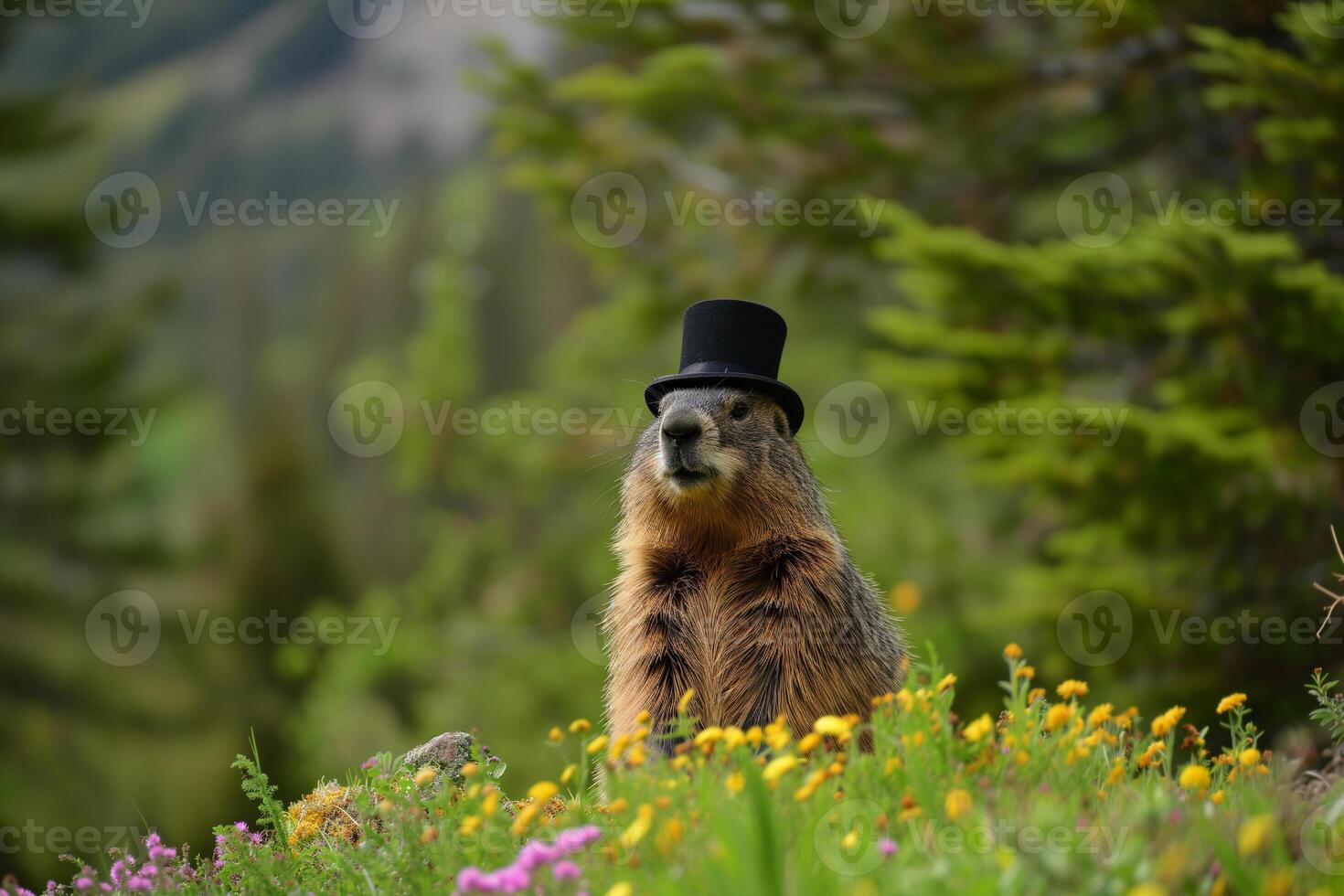 AI generated groundhog on the hill in a black top hat, groundhog day photo