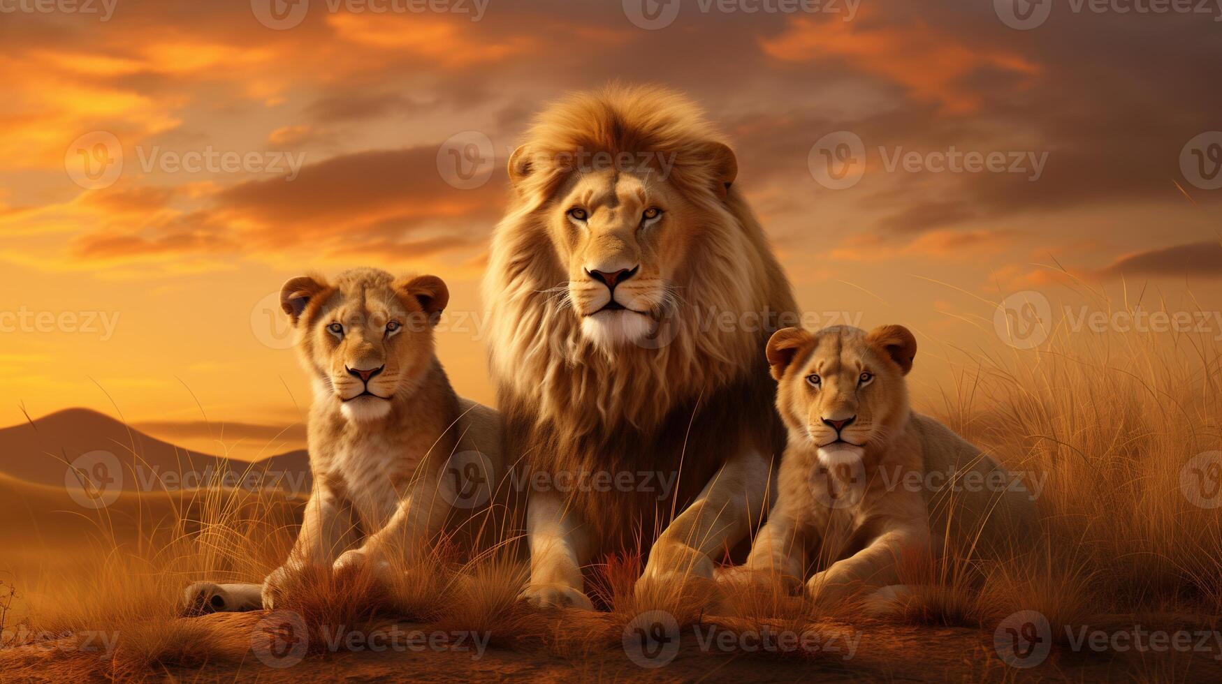 AI generated a family of lions resting in the African savannah at sunset photo