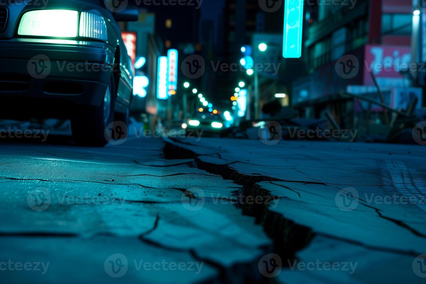 AI generated crack in the asphalt on the city highway at night after the earthquake photo