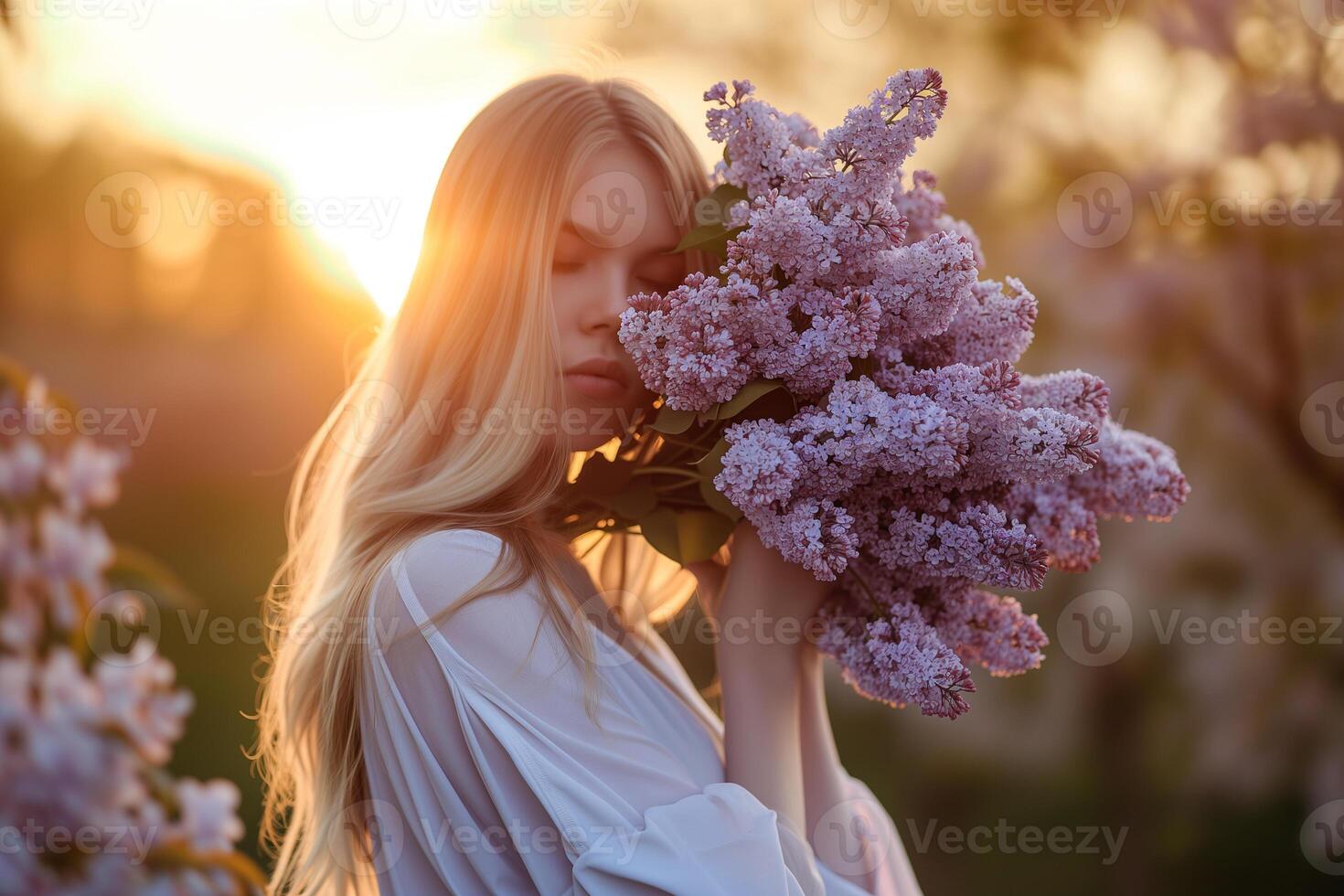 AI generated a young beautiful blonde holds a huge bouquet of lilacs to her face in the park at sunset photo