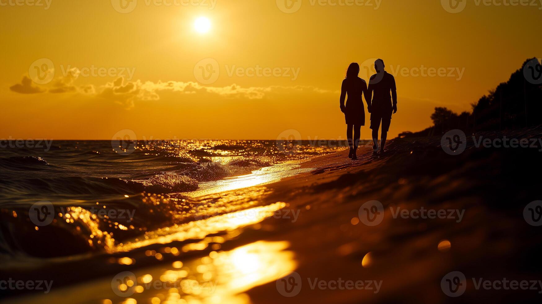 ai generado silueta de un romántico Pareja participación manos y caminando en el playa a puesta de sol. foto