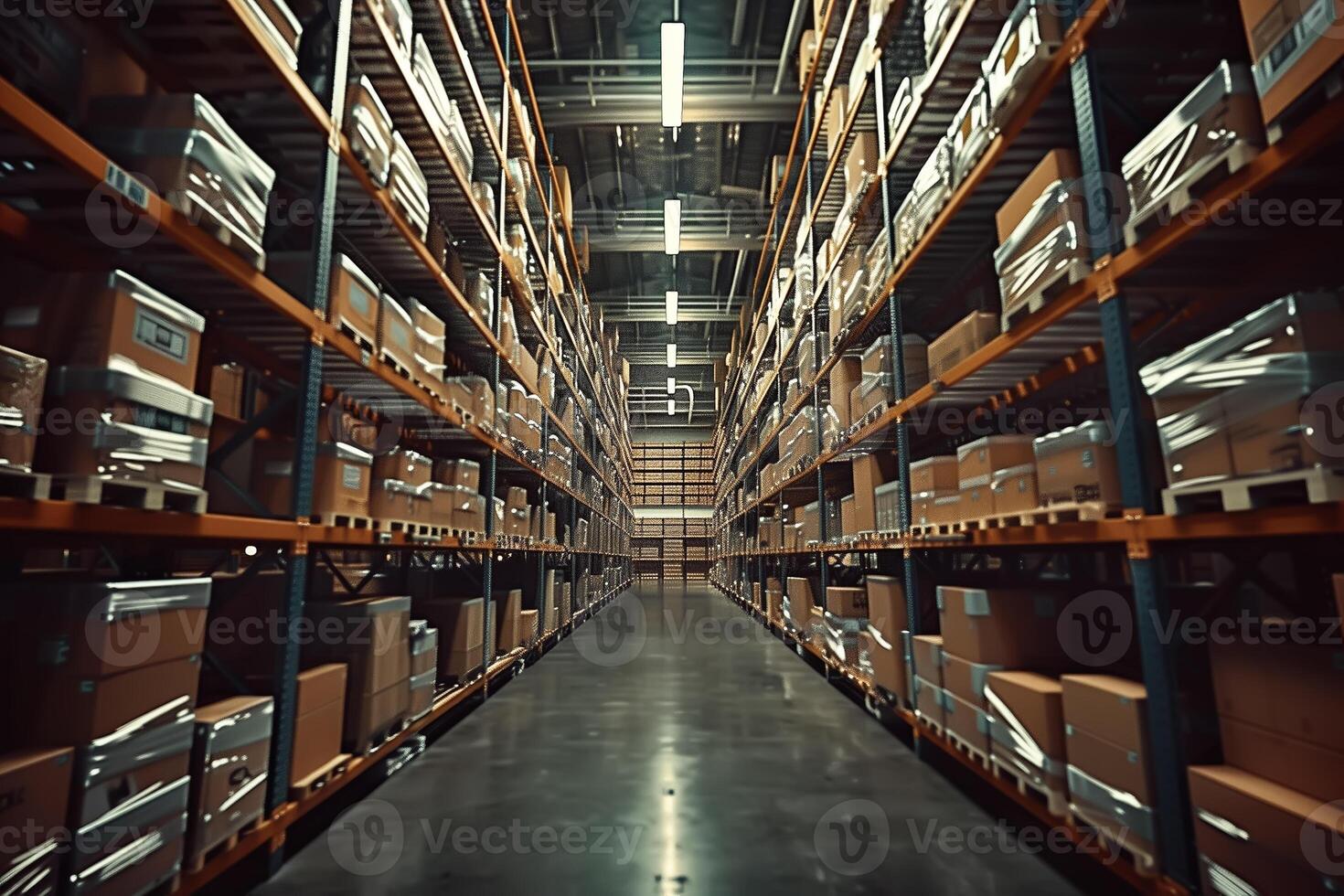 AI generated Warehouse or storehouse with rows of shelves and racks for storing goods photo