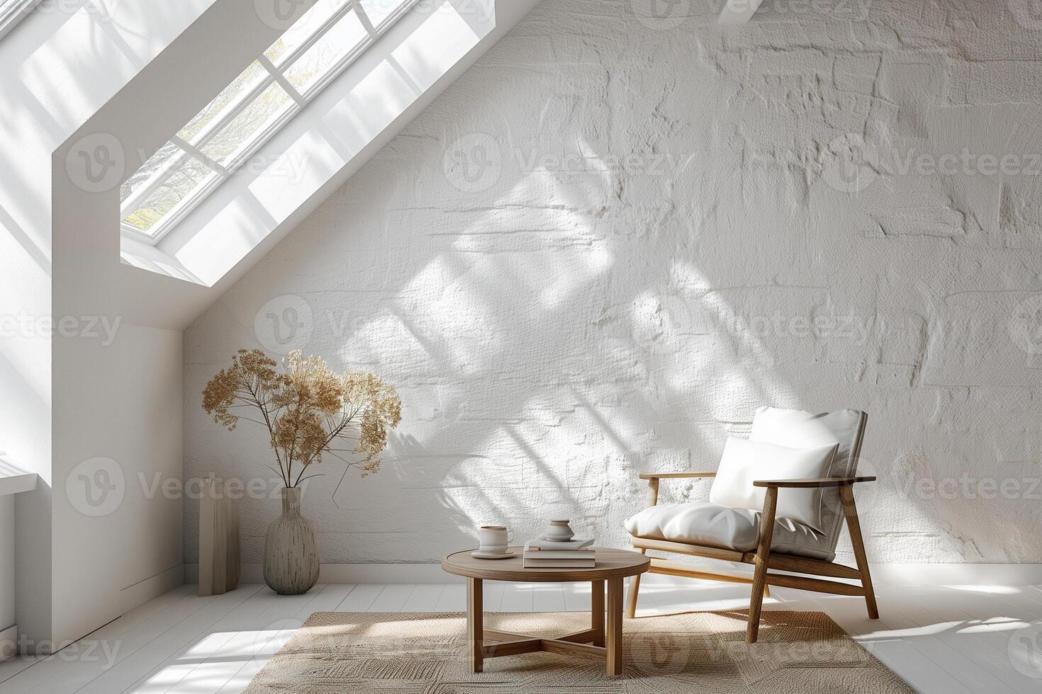 AI generated interior of an empty white living room in the attic with a skylight and an armchair photo