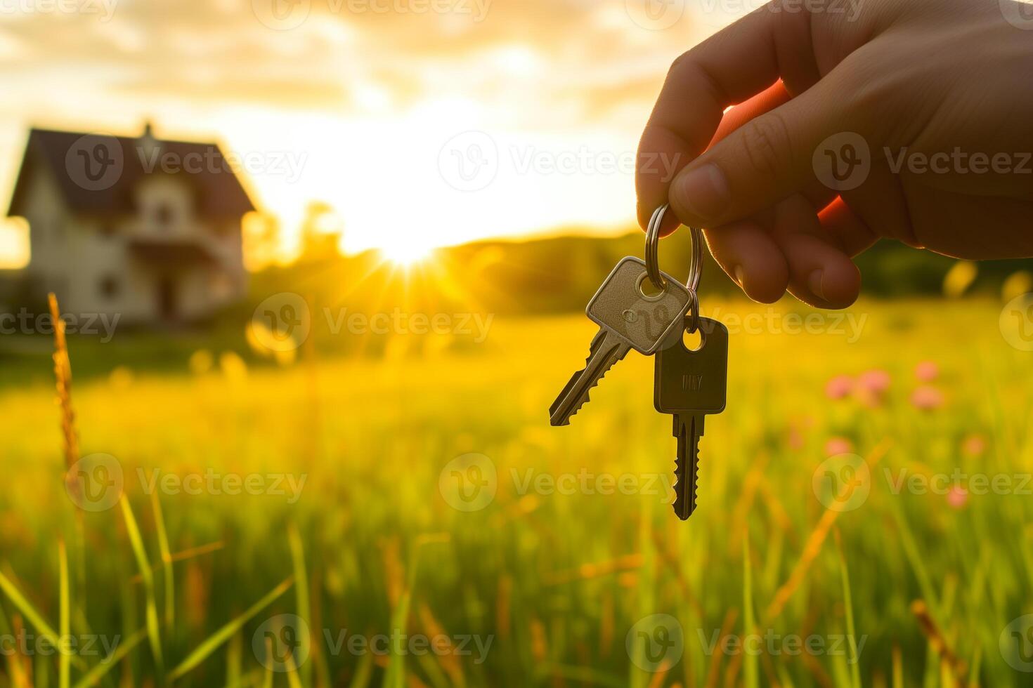 AI generated Hand holding house key with green grass background. Real estate concept. photo