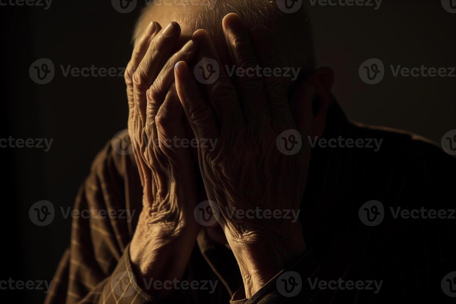 AI generated Portrait of an elderly man covering her face with her hand photo