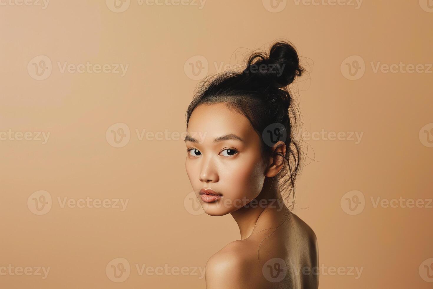 AI generated portrait of a young Asian woman with tied hair on her head and bare shoulders on a beige background photo