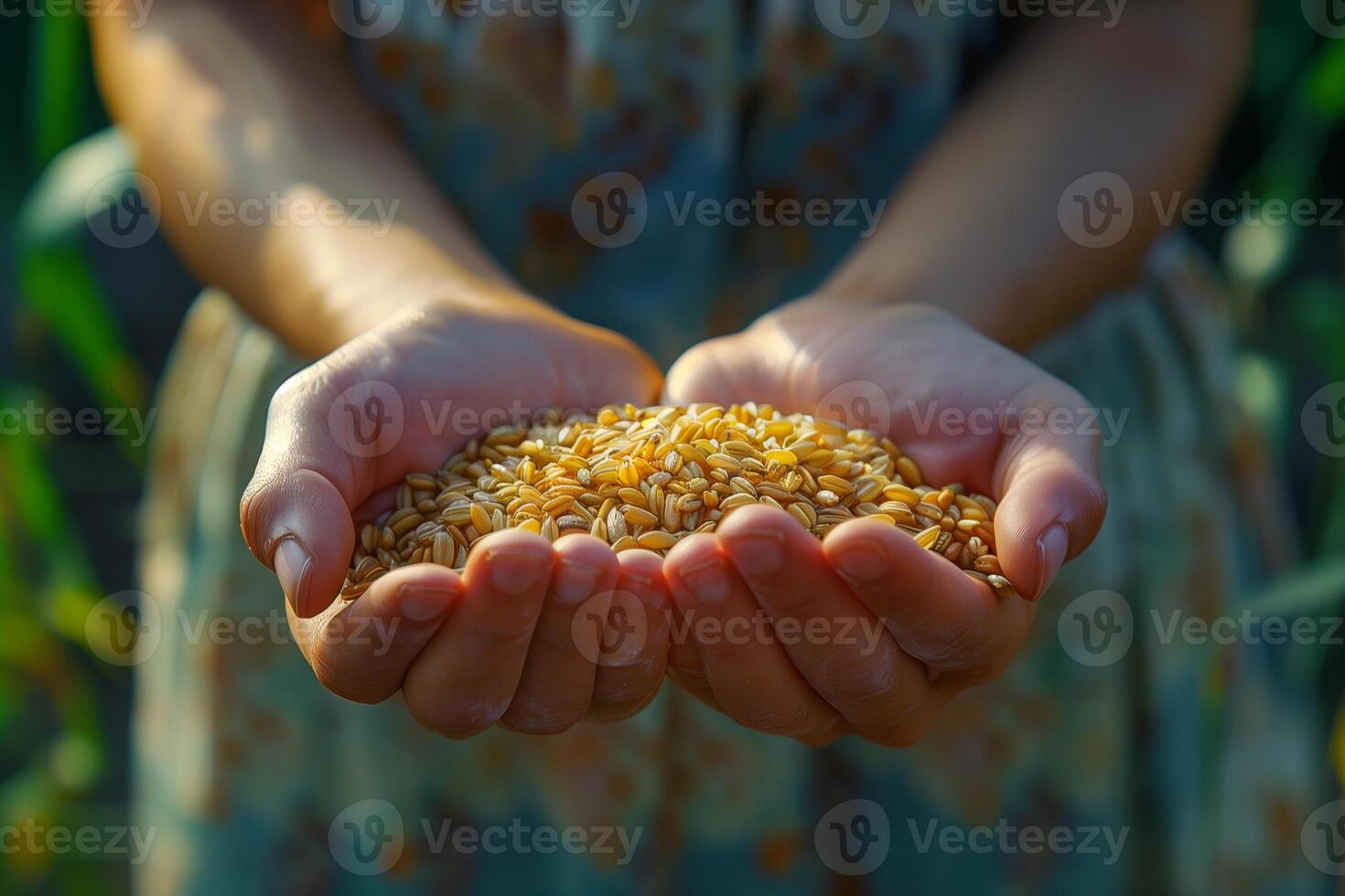 ai generado trigo granos en el manos de un mujer. selectivo enfocar. naturaleza foto