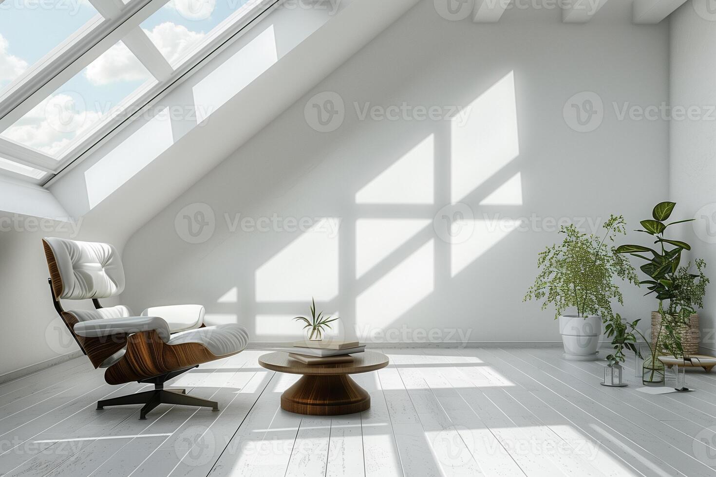 AI generated interior of an empty white living room in the attic with a skylight and an armchair photo