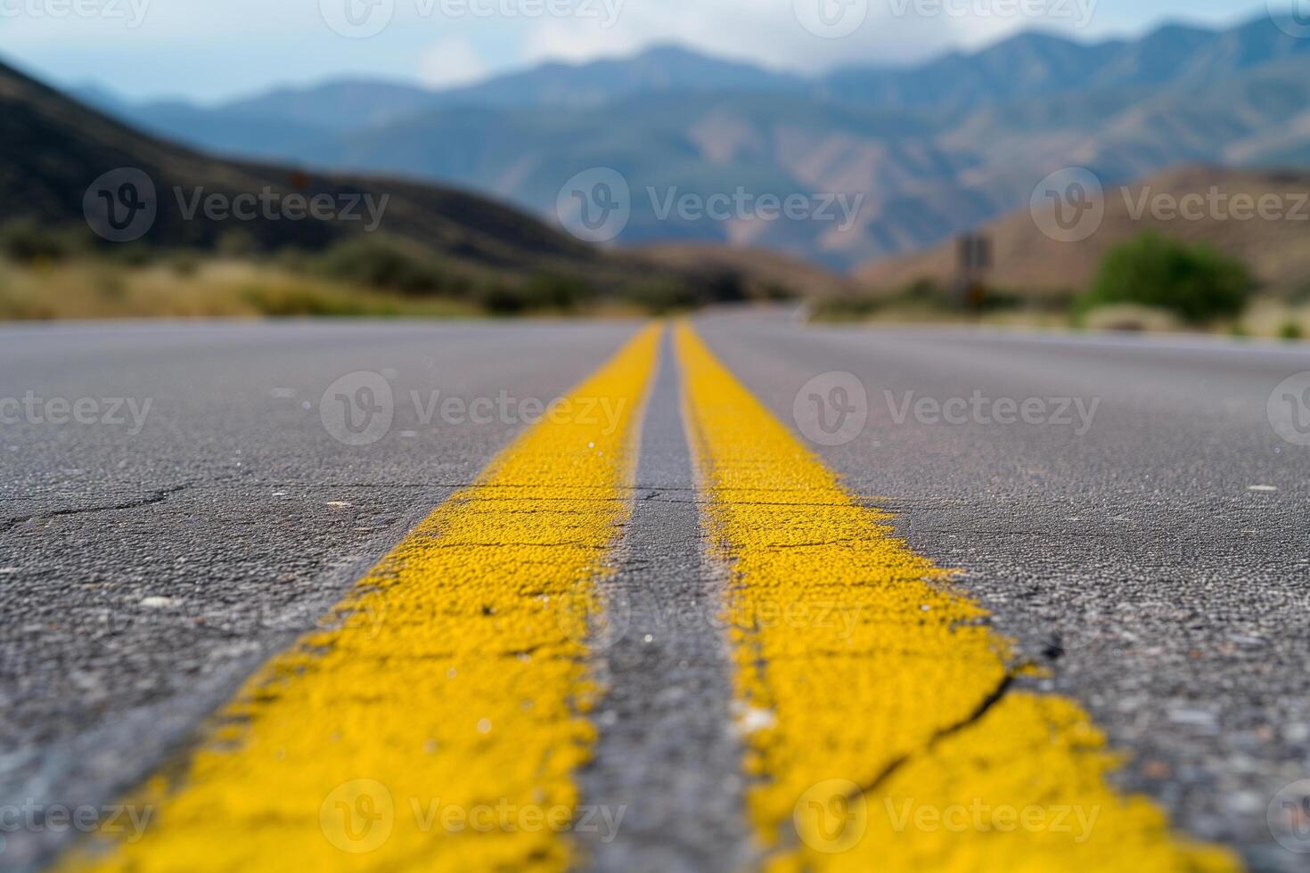 AI generated yellow dividing stripes on the highway stretching into the horizon photo