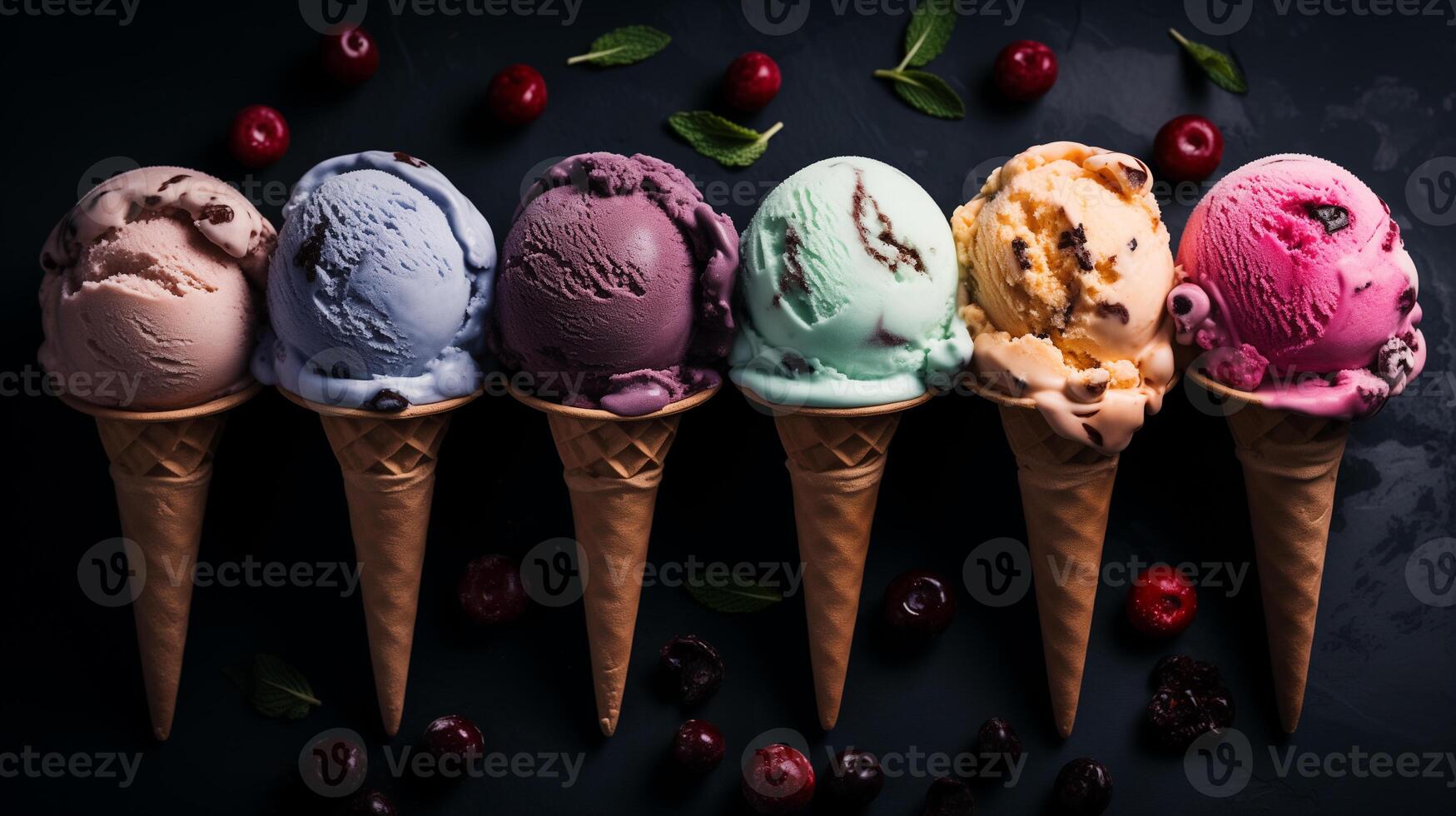 AI generated colorful ice cream scoops on dark marble background photo