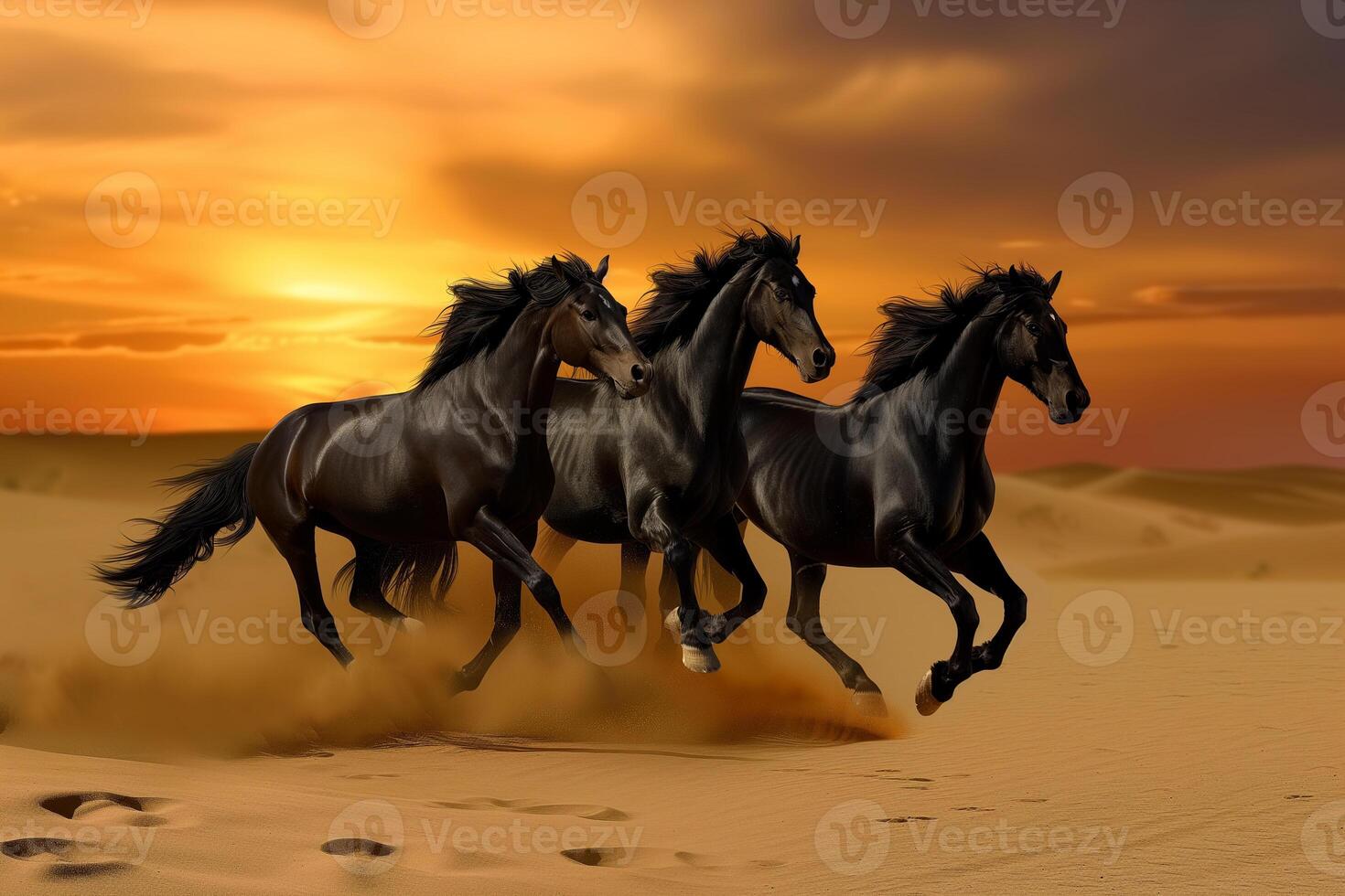 AI generated three graceful black horses galloping across the desert photo