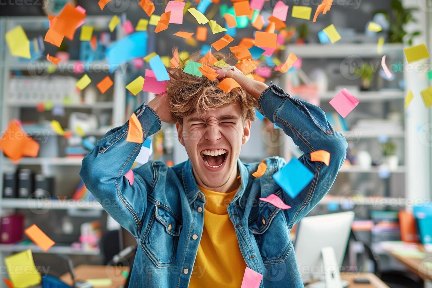 AI generated A young man in the office holds his head with his hands, a bunch of stickers with tasks are flying above him photo