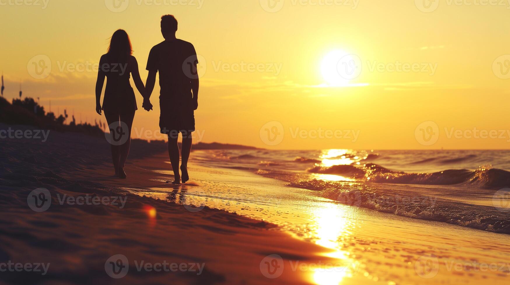 ai generado silueta de un romántico Pareja participación manos y caminando en el playa a puesta de sol. foto