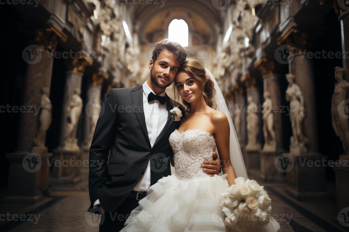 AI generated Beautiful wedding couple, bride and groom posing in a large majestic hall with statues photo