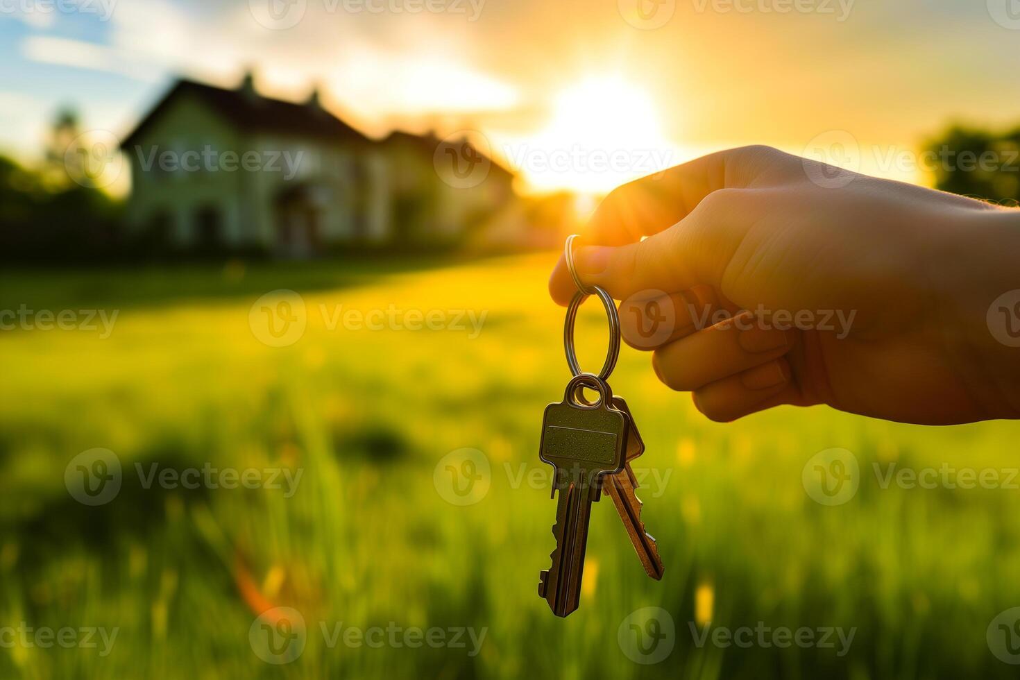 AI generated Hand holding house key with green grass background. Real estate concept. photo