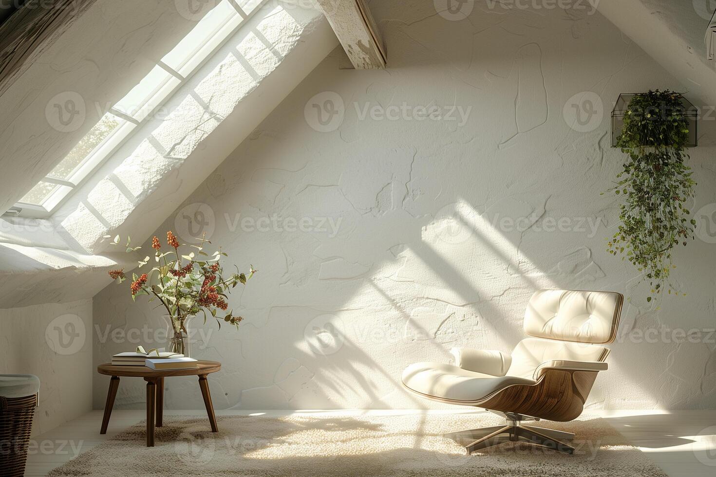 AI generated interior of an empty white living room in the attic with a skylight and an armchair photo
