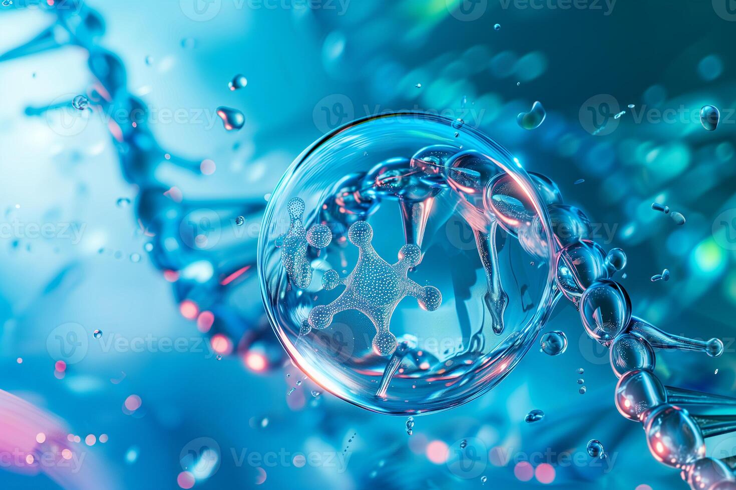 AI generated DNA molecule structure on blue background photo