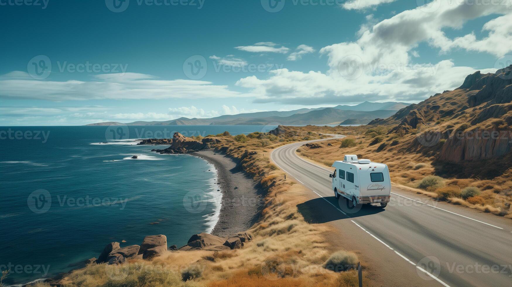 AI generated white van motorhome moves along the highway along the sea, family travel concept photo