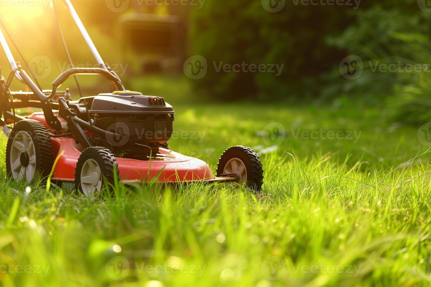 AI generated Lawn mower cutting grass in the garden. Gardening background photo