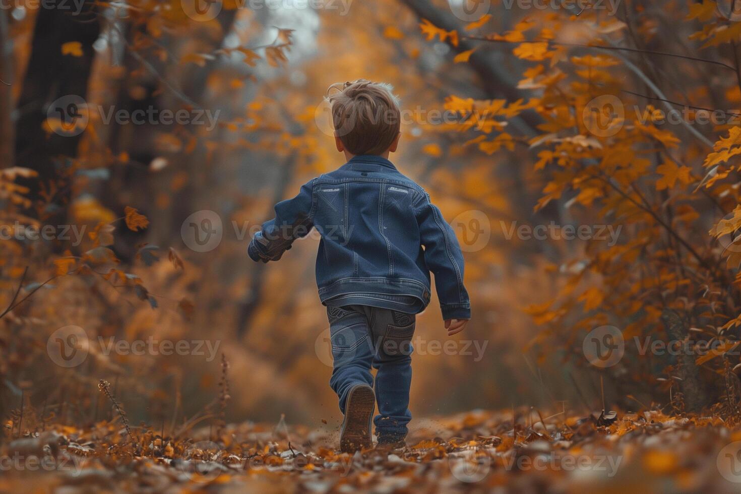 AI generated little boy running in the autumn forest. happy childhood and joy concept photo