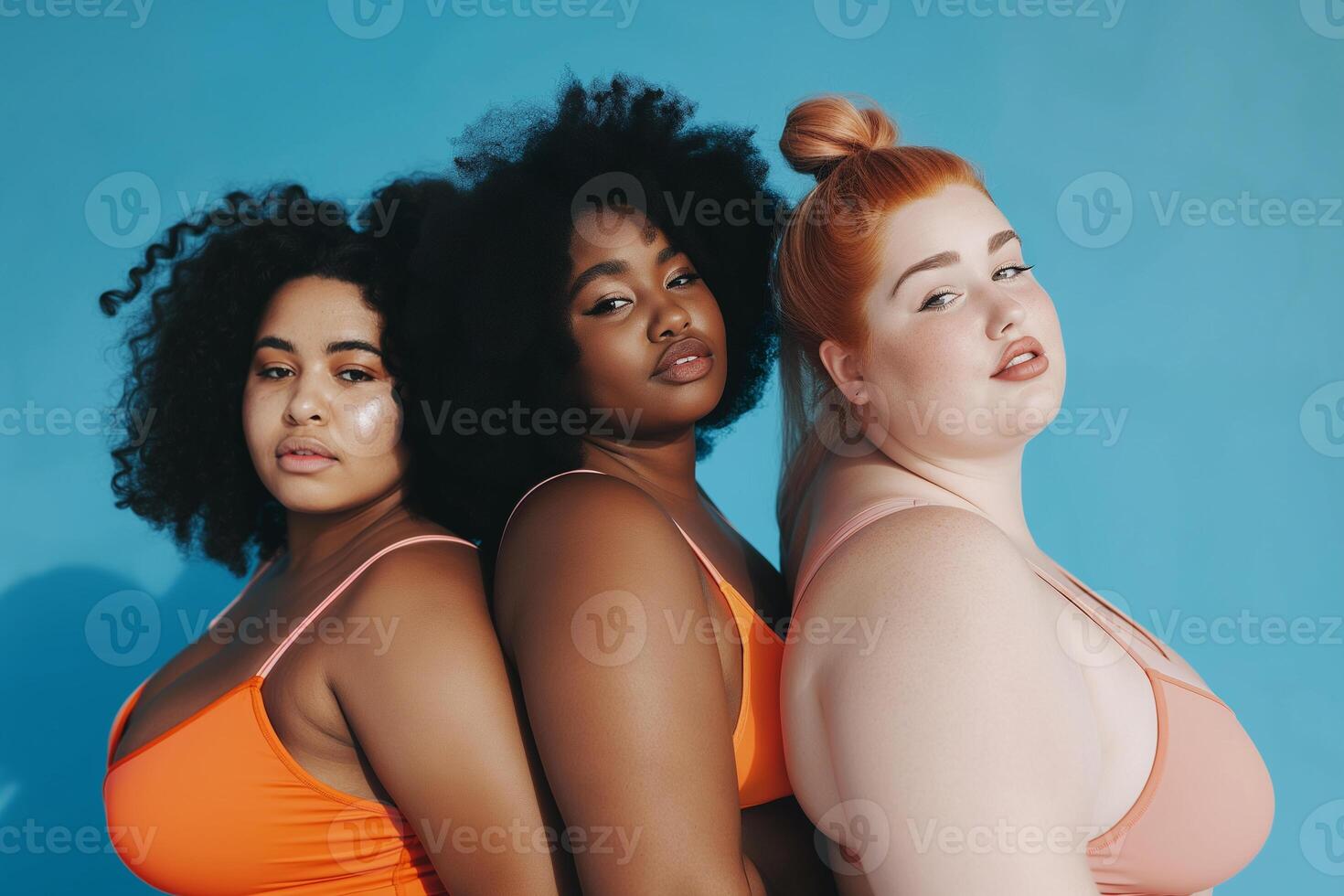 AI generated portrait of three smiling plump women of different nationalities in swimsuits, body positivity concept photo