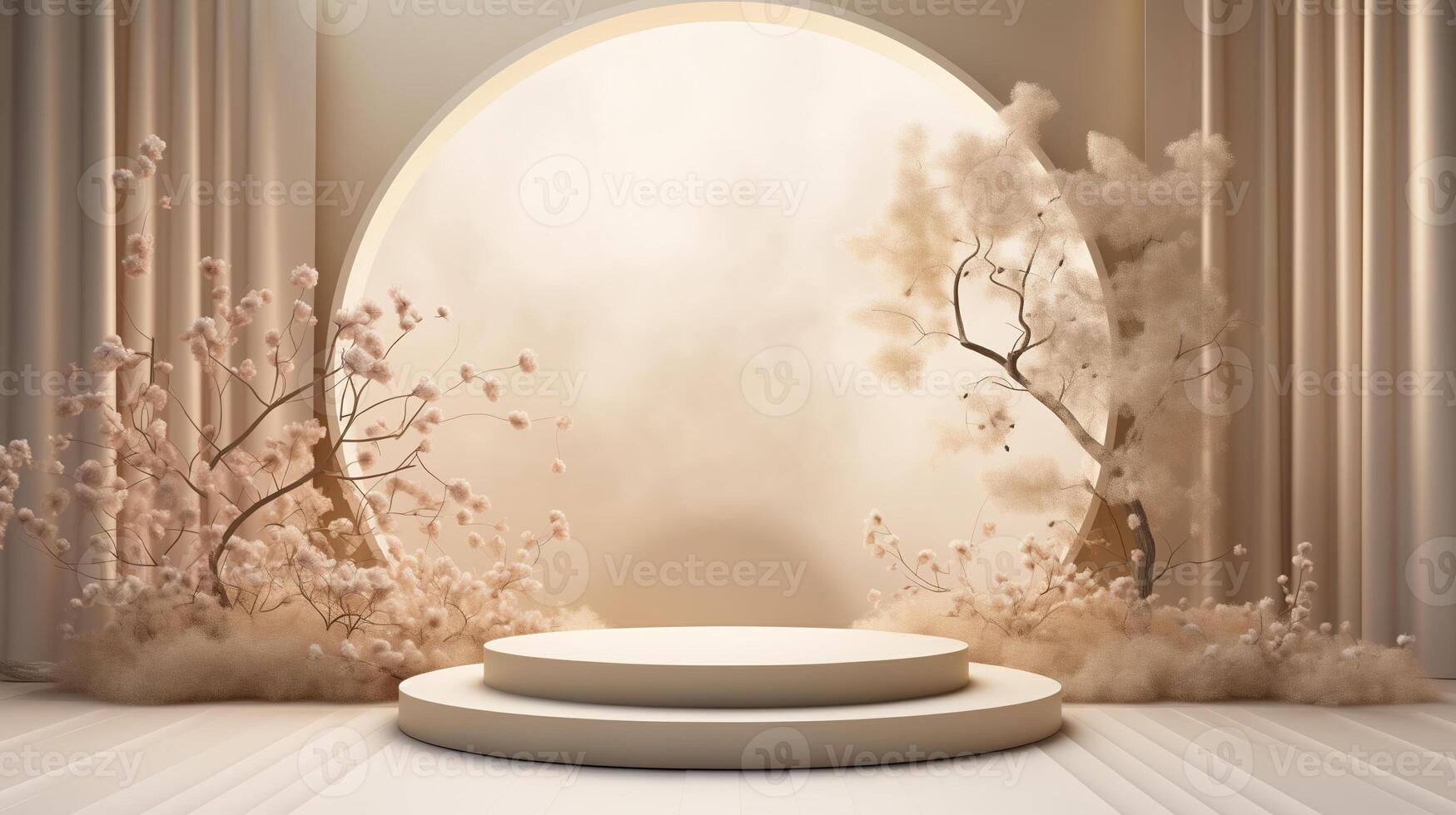 AI generated Stage with a podium for demonstrating products with white sakura flowers in gray and beige tones photo