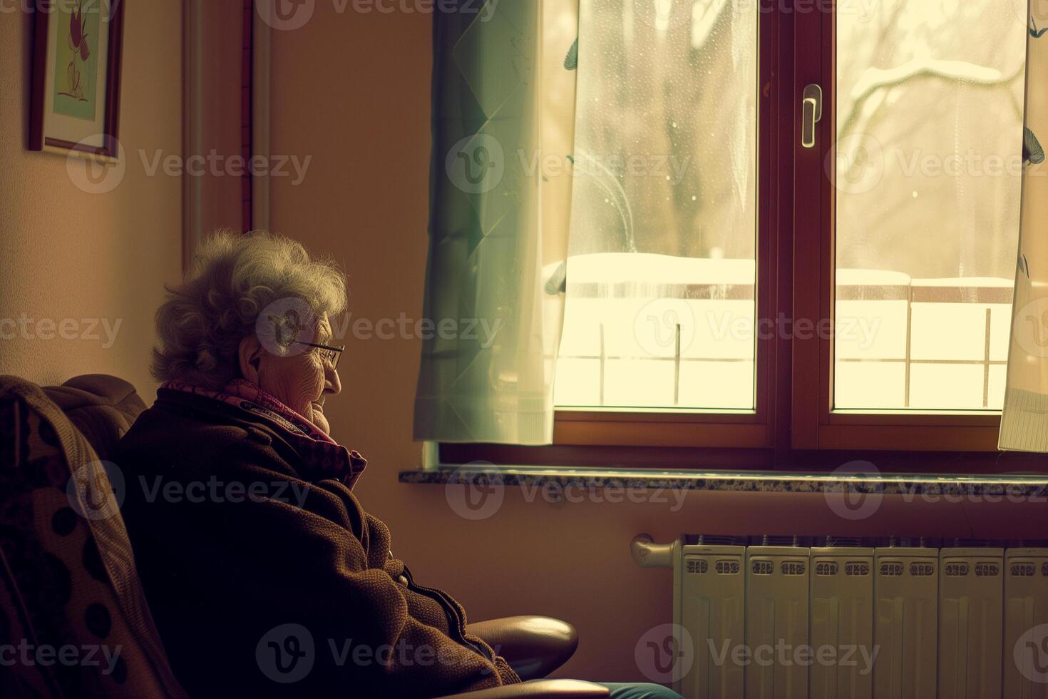 AI generated An elderly woman in a nursing home sits in a chair by the window and waits for guests photo