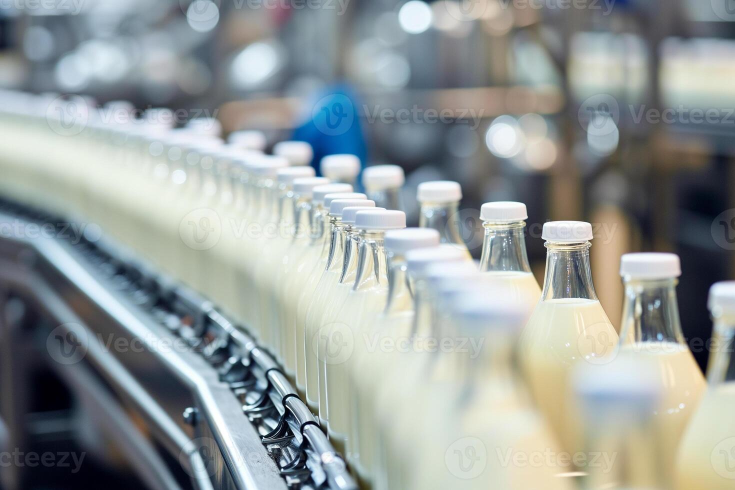 AI generated Milk bottles on a conveyor belt in a dairy factory. photo